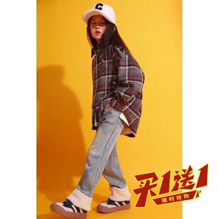 女童牛仔裤2026冬季新款儿童洋气加绒加厚保暖羊羔毛拼接冬装裤子