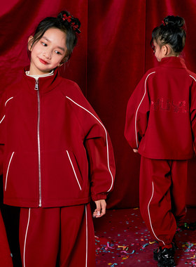 女童红色套装2026新款大女孩洋气炸街冬装加绒新年衣服洋气两件套