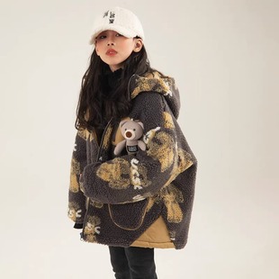 女童仿羊羔毛外套2025秋冬装 中大童洋气加绒加厚保暖连帽上衣 新款