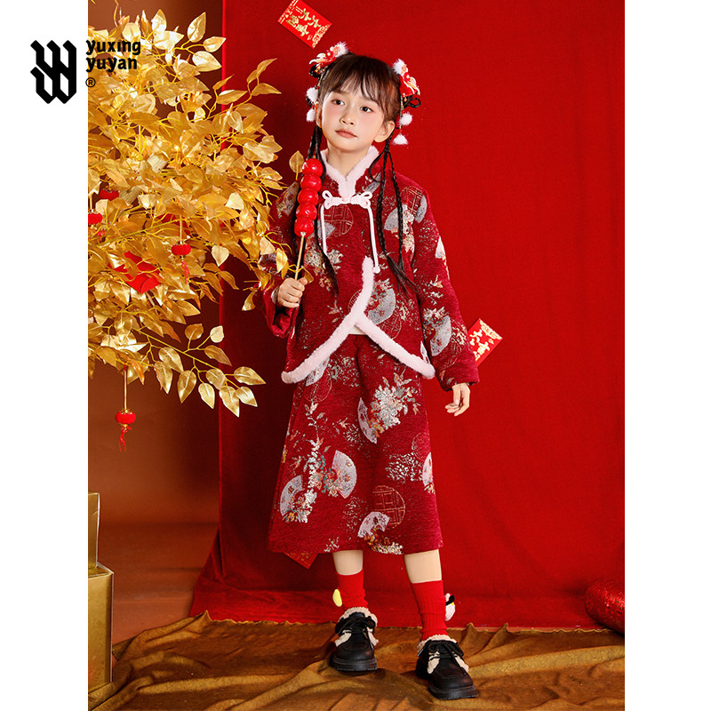 女童新年国风套装裙子2026新款中大童洋气红色拜年服儿童过年衣服