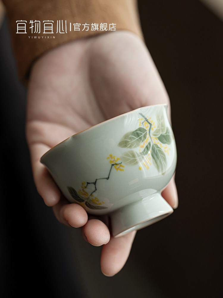 手绘桂花功夫茶杯主人杯单杯女士套装定制一人饮茶具主人茶杯单个