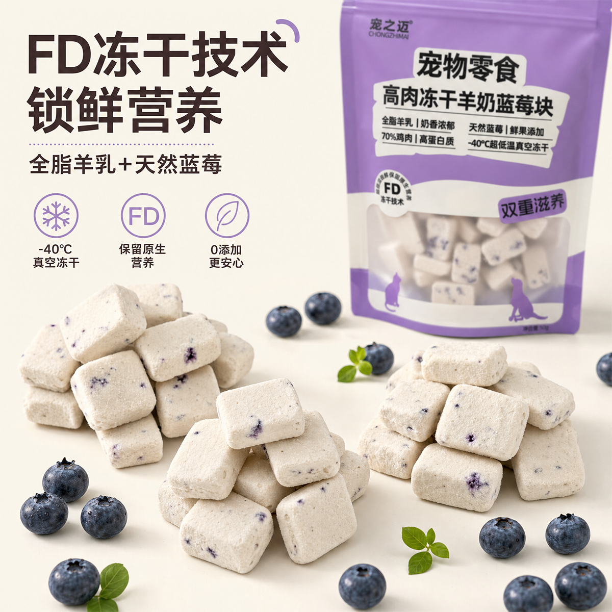宠之迈高肉羊奶冻干蓝莓块猫狗宠物零食鸡肉羊肉冻干磨牙训练奖励