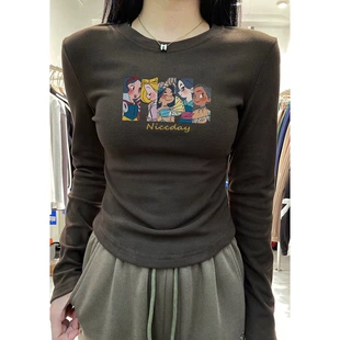 秋冬季 打底t恤女加绒加厚漂亮印花长袖 内搭德绒紧身短款 别致小衫