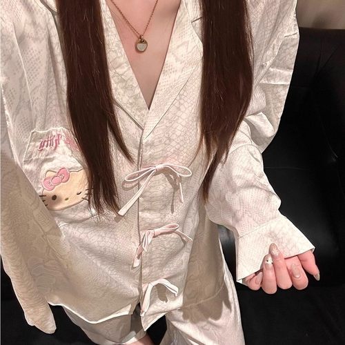 法式可爱Kitty猫蝴蝶结开衫睡衣女春秋季长袖长裤冰丝家居服套装