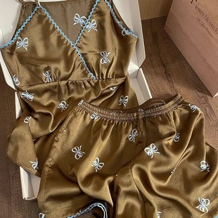 冰丝蝴蝶结印花V领吊带睡衣女高级感休闲可外穿家居服套装 法式 夏