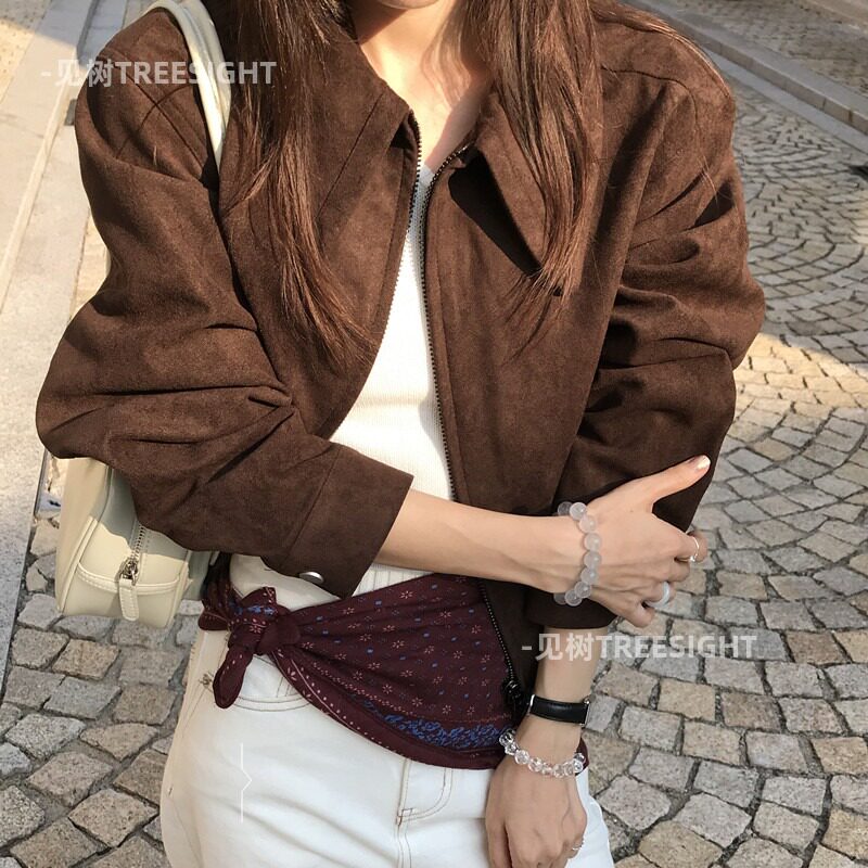 美式复古小众尖尖领短款机车服鹿皮绒外套夹克上衣仿羊皮绒