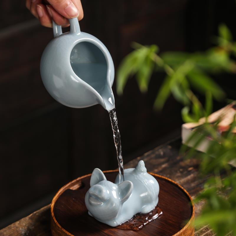 汝窑茶滤网纱布滤茶器陶瓷托架创意个性可爱茶漏摆件茶宠可养