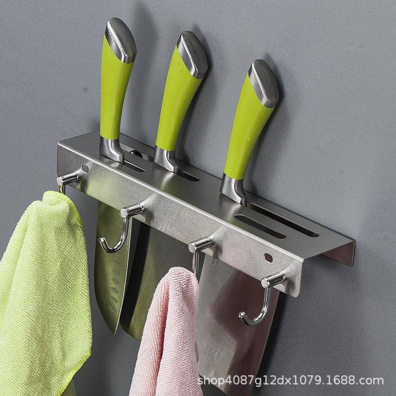 加厚不锈钢厨房壁挂插刀架打孔墙上挂菜刀带钩菜板刀具置物架