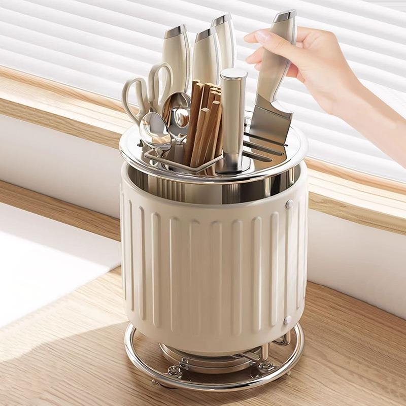 奶油风厨房旋转刀架置物架免打孔台面式刀具刀座筷子筒一体收纳盒