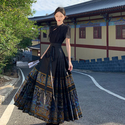 实拍国风马面裙黑色美术馆艺术氛围感新中式高腰半身裙百褶裙