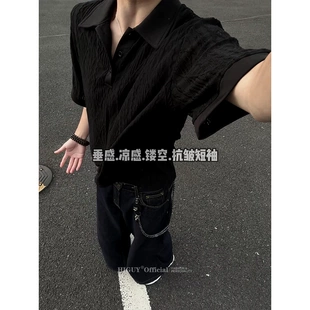 纯欲风肌理针织polo衫男款夏季网孔透气短袖潮牌痞帅半袖上衣
