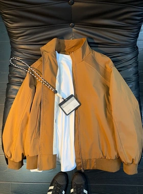 美拉德棕色立领工装外套男款春秋美式廓形飞行员夹克拼接冲锋外套