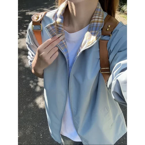 fitcheck美式立领天蓝色格子夹克