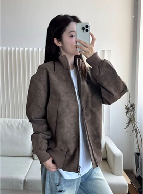 cleanfit美式复古硬汉男款立领理石纹夹克设计感飞行员皮衣做旧风