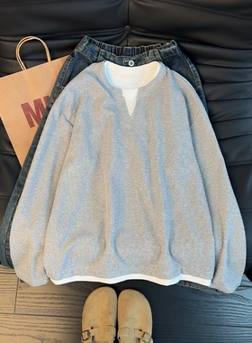 美式cleanfit假两件卫衣男春秋季高级感华夫格内搭打底V领长袖T恤