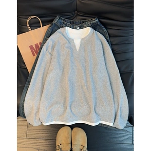 美式cleanfit假两件卫衣男春秋季高级感华夫格内搭打底V领长袖T恤