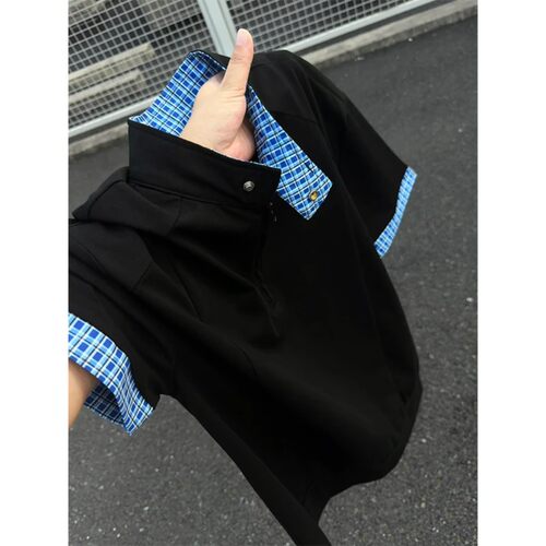 美式撞色格纹拼接半拉链短袖polo