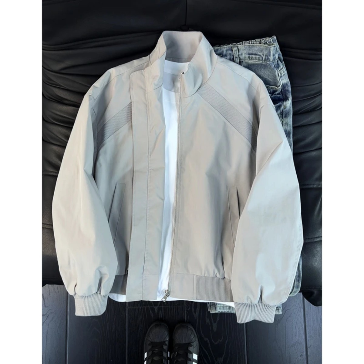 浅灰色解构立领飞行夹克男款秋季潮牌廓形棒球服cleanfit短款外套