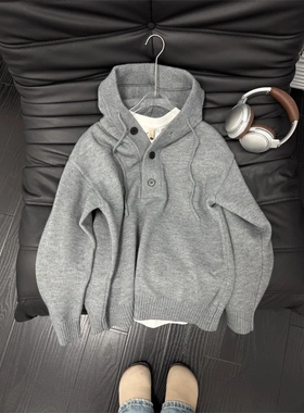 美式连帽毛衣男款秋冬季潮牌休闲套头针织卫衣宽松情侣高级感上衣