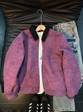 美式紫色扎染PU皮翻领夹克男春秋季高级感痞帅棒球服短款工装外套