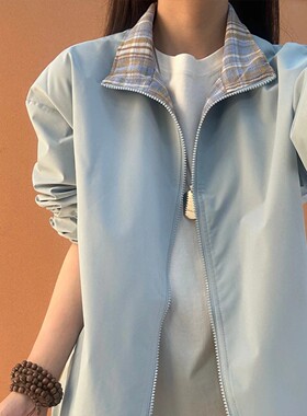 cleanfit撞色格子夹克男春秋季高级感痞帅翻领外套潮牌情侣棒球服