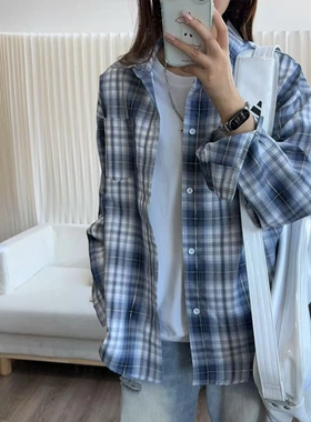 海盐汽水美式格子衬衫男生秋季高级感薄款复古格纹防晒衬衣外套