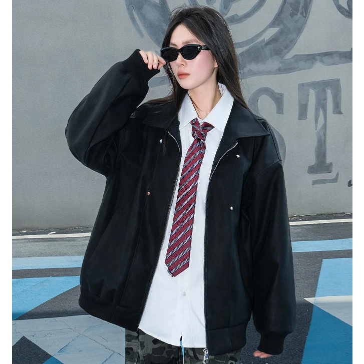 秋冬美式翻领皮衣男女机车服防风
