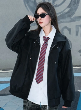 秋冬加厚翻领皮夹克男女机车服潮牌防风防寒情侣宽松男士外套