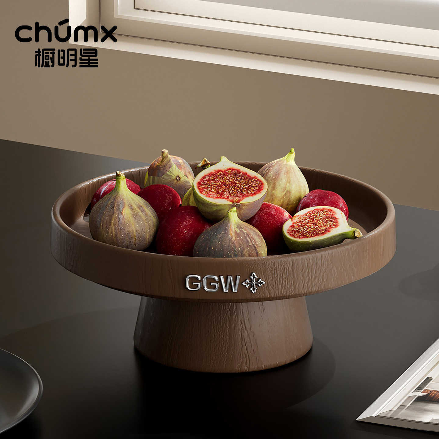 高脚水果盘家用客厅茶几高级感桌面零食点心糖果摆放盘木纹干果盘