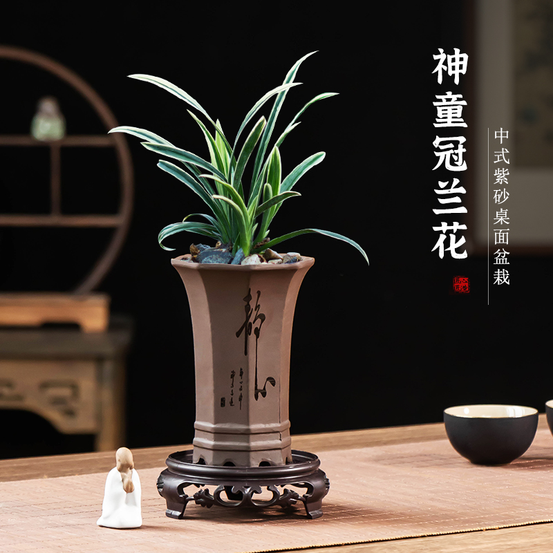 紫砂兰花盆中式复古紫砂