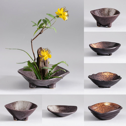 剑山插花器三足插花器皿船型陶瓷花盘黑色盘日式小中式禅意小器皿