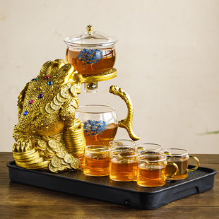 磁吸懒人防烫家用功夫泡茶创意茶杯 变色金蟾玻璃全半自动茶具套装