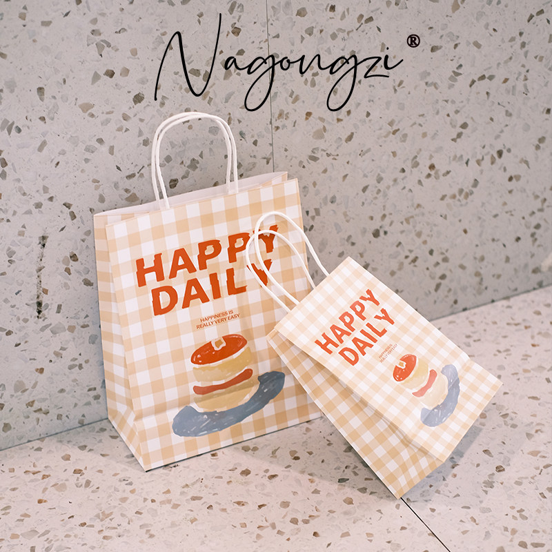黄色格子烘焙手提袋甜品打包袋定制面包蛋糕店外卖小袋子牛皮纸袋