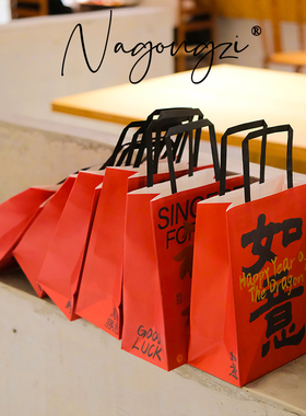 新年春节喜庆纸袋甜品打包纸袋蛋糕店烘焙手拎外卖包装手提