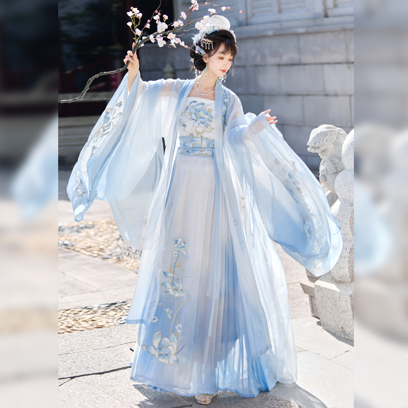 汉服女原创[碧波荷韵]重工刺绣大袖衫超仙齐腰襦裙古装春夏套装