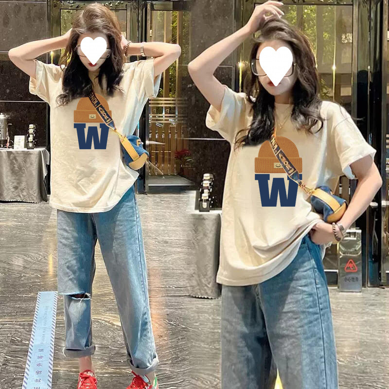 100纯棉短袖T恤女2025新款夏季韩版oersize宽松印花中长款上衣