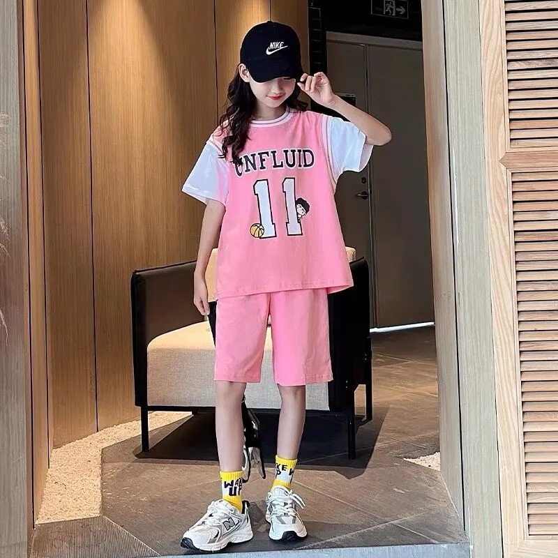 女童篮球服运动套装短袖假两件上衣新款中大童两件套装洋气时尚潮