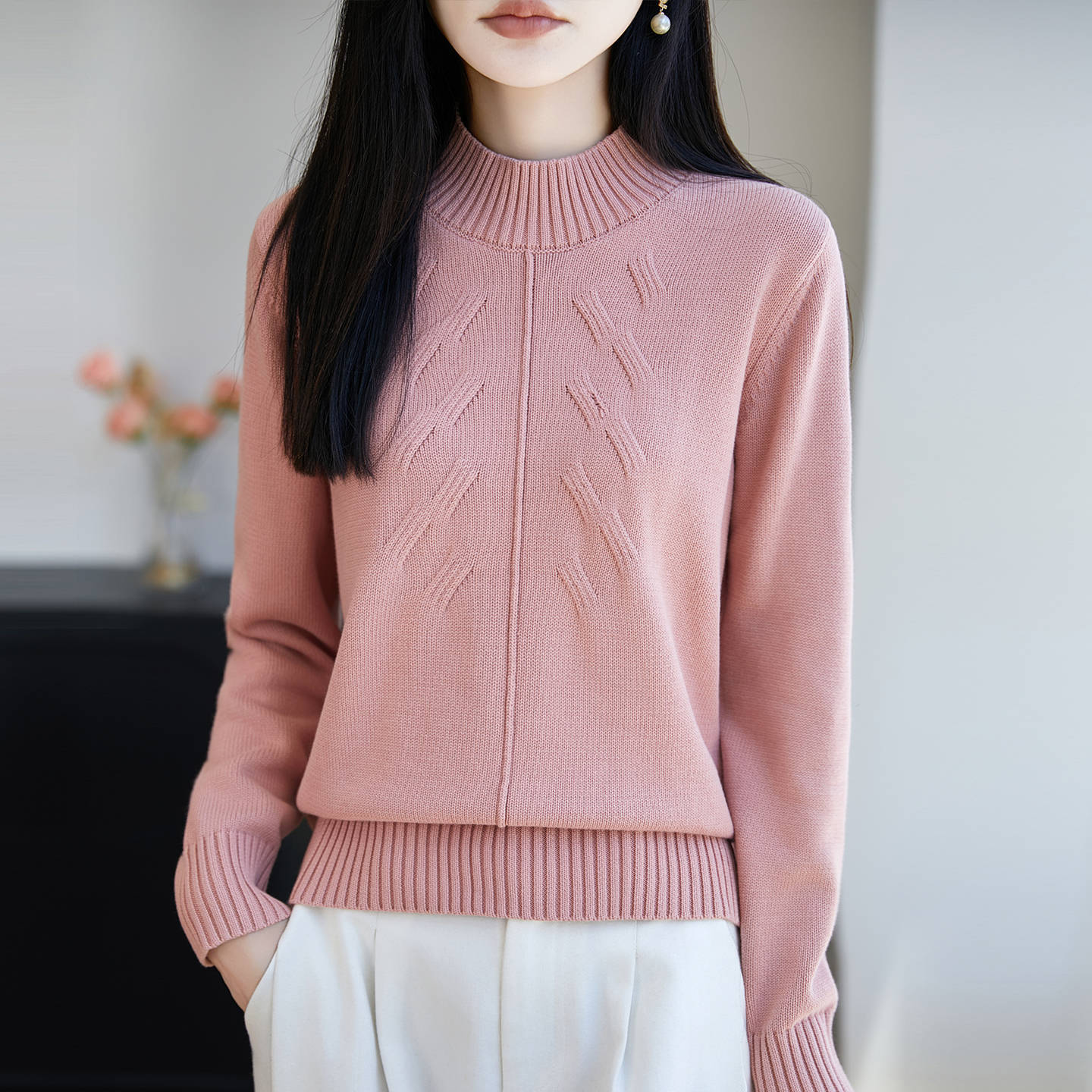 2026早秋提花纯棉线针织衫女秋冬加厚保暖宽松半高领毛衣打底衫