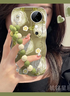新款绿色油画花朵适用vivoS19Pro手机壳Y200波浪边Y200GT挂绳Y200T腕带Y200i链条硅胶全包防摔粉色por夏天女