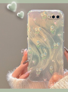 新款春日蓝色郁金香花朵适用苹果8Plus手机壳iPhone7透明的se3硅胶套se2羽纱6小清新6s全包5镭射5s轻奢4渐变s