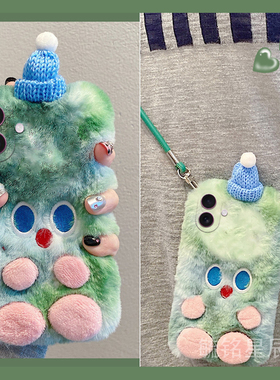 适用苹果16手机壳iphone15promax毛绒14plus绿色13mini圣诞12小怪兽11防摔带挂绳腕带秋冬超火毛茸茸爆款冬天