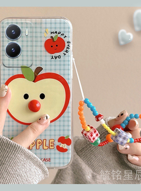 新款可爱蓝色格子苹果适用vivoY35m手机壳Y35+立体Y33T带挂绳的Y33s透明Y33e特别硅胶套防摔高级感女全包防摔