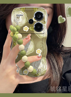 新款绿色油画花朵适用小米redmi红米Note14手机壳14Pro波浪边13Pro+挂绳十腕带链条硅胶全包防摔粉色女款轻奢