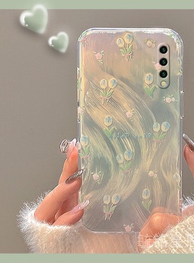 新款春日蓝色郁金香花朵适用小米9手机壳9Pro透明的9SE硅胶套CC9美图定制版羽纱cc9e小清新CC9Pro全包镭射mi9