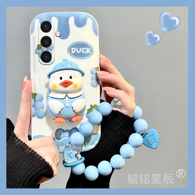 适用三星s25手机壳s24+新款s23ultra立体s22蓝色s21鸭子note20气垫a73带支架的a72可爱a50s小众a53全包手链条