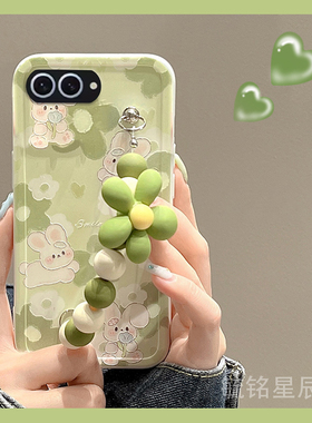 新款绿色花朵兔子适用三星ZFlip6折叠屏手机壳ZFold6折叠款ZFold5翻盖4可爱ZFlip5情侣3手腕带链条硅胶透明的