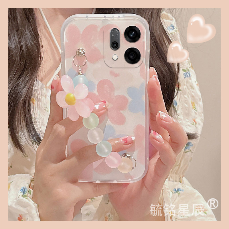 适用reno14手机壳12pro+新款11粉色oppor15花朵r11小清新findx8透明的a3夏日a55简约diy挂绳k12链条k9硅胶a96