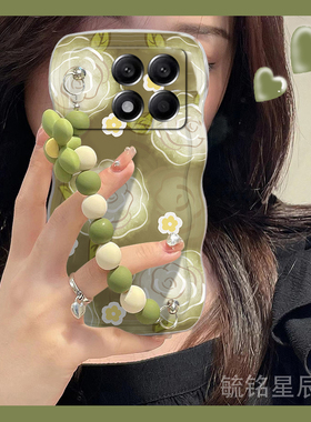 新款绿色油画花朵适用小米redmi红米k70至尊版手机壳13R波浪边12R挂绳K70Pro腕带K70E链条硅胶全包防摔女K70S