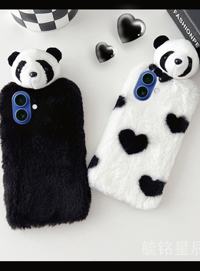 适用苹果17手机壳iphone16promax/17air毛绒Air/16e新款14plus立体13mini熊猫12爱心11黑色硅胶防摔超火可爱