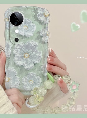 新款油画绿色花朵适用vivoS19Pro手机壳Y200透明的Y200GT软硅胶Y200T波浪边Y200i气囊情侣全包轻奢风p小众por